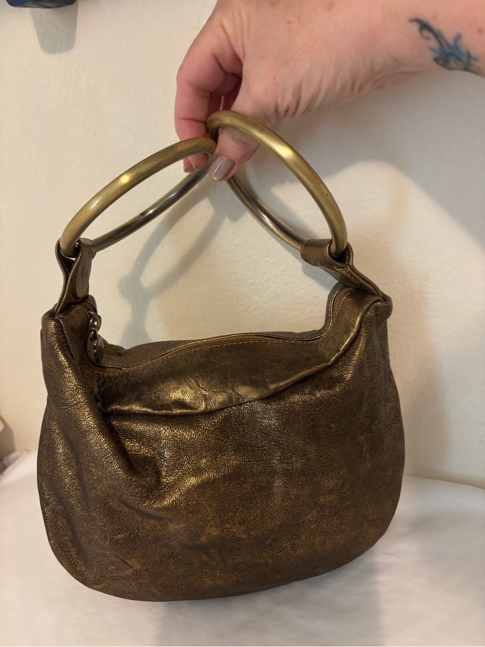 Lulu Guinness Metallic Bronze Mini Hobo with Brass Ring Handles